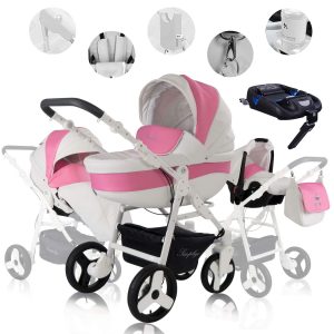 Friedrich Hugo Simpligo   4 in 1 Kinderwagen Komplettset   ISOFIX Basis   Luftreifen   Farbe: Pink (Kunstleder)