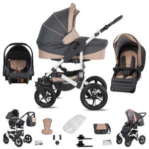 Friedrich Hugo Hamburg   3 in 1 Kombi Kinderwagen Set   Hartgummireifen   Farbe: Grey & Beige