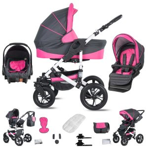 Friedrich Hugo Hamburg   3 in 1 Kombi Kinderwagen Set   Hartgummireifen   Farbe: Grey & Pink