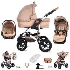 Friedrich Hugo Hamburg   3 in 1 Kombi Kinderwagen Set   Hartgummireifen   Farbe: Beige & Oatmeal