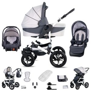 Friedrich Hugo Hamburg   3 in 1 Kombi Kinderwagen Set   Hartgummireifen   Farbe: White & Grey