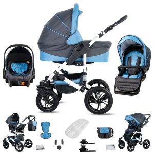 Friedrich Hugo Hamburg   3 in 1 Kombi Kinderwagen Set   Luftreifen   Farbe: Grey & Babyblue