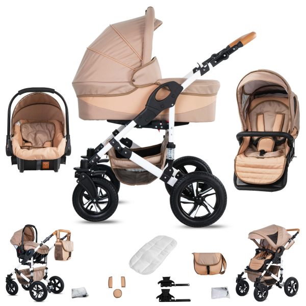 Friedrich Hugo Hamburg   3 in 1 Kombi Kinderwagen Set   Luftreifen   Farbe: Beige & Oatmeal