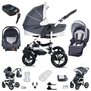 Friedrich Hugo Hamburg   4 in 1 Kinderwagen Komplettset   ISOFIX Basis   Hartgummireifen   Farbe: Grey & White