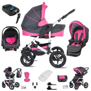 Friedrich Hugo Hamburg   4 in 1 Kinderwagen Komplettset   ISOFIX Basis   Hartgummireifen   Farbe: Grey & Pink