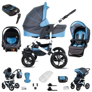 Friedrich Hugo Hamburg   4 in 1 Kinderwagen Komplettset   ISOFIX Basis   Hartgummireifen   Farbe: Grey & Babyblue