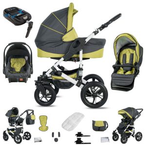 Friedrich Hugo Hamburg   4 in 1 Kinderwagen Komplettset   ISOFIX Basis   Hartgummireifen   Farbe: Grey & Green