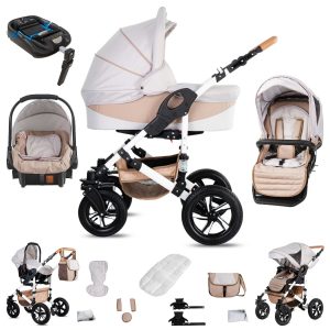 Friedrich Hugo Hamburg   4 in 1 Kinderwagen Komplettset   ISOFIX Basis   Hartgummireifen   Farbe: Cream & Beige