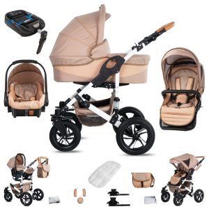 Friedrich Hugo Hamburg   4 in 1 Kinderwagen Komplettset   ISOFIX Basis   Hartgummireifen   Farbe: Beige & Oatmeal