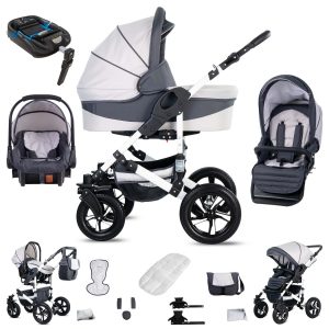 Friedrich Hugo Hamburg   4 in 1 Kinderwagen Komplettset   ISOFIX Basis   Hartgummireifen   Farbe: White & Grey