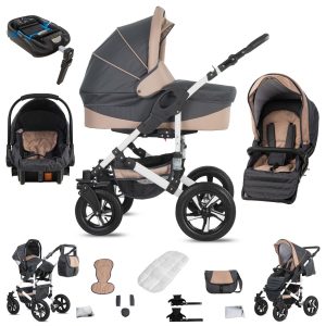 Friedrich Hugo Hamburg   4 in 1 Kinderwagen Komplettset   ISOFIX Basis   Luftreifen   Farbe: Grey & Beige