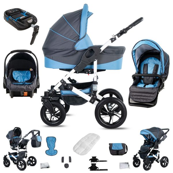 Friedrich Hugo Hamburg   4 in 1 Kinderwagen Komplettset   ISOFIX Basis   Luftreifen   Farbe: Grey & Babyblue