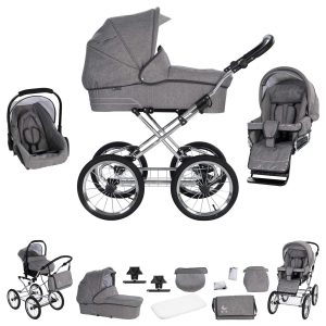 Friedrich Hugo München   3 in 1 Kombi Kinderwagen Set   Nostalgie Kinderwagen   Farbe: Anthrazit - Rad: Chrom Schwarz