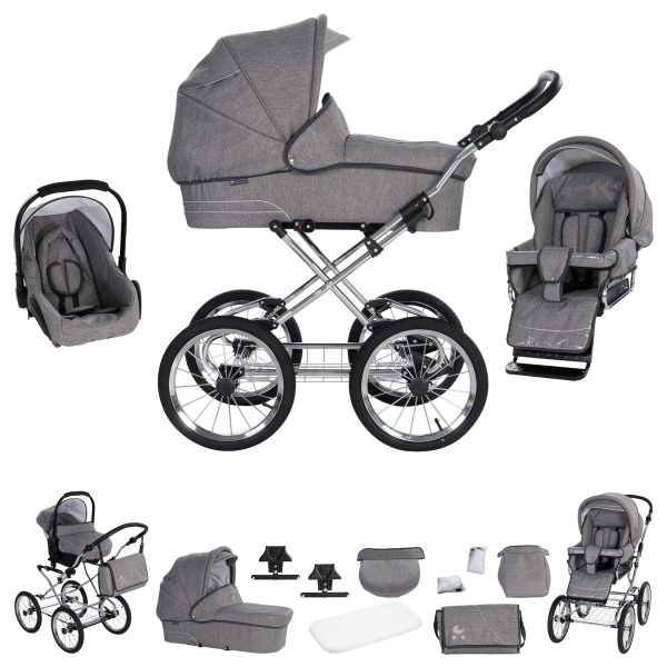 Friedrich Hugo München   3 in 1 Kombi Kinderwagen Set   Nostalgie Kinderwagen   Farbe: Anthrazit - Rad: Chrom Schwarz