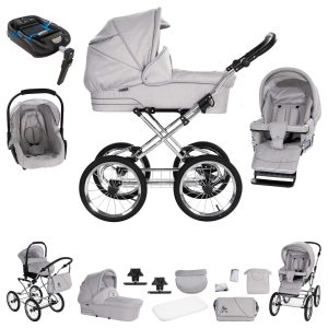 Friedrich Hugo München   4 in 1 Kinderwagen Komplettset   ISOFIX Basis   Nostalgie Kinderwagen   Farbe: Silbergrau - Rad: Chrom Schwarz