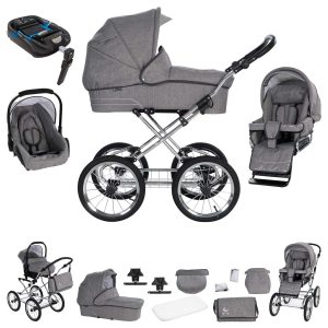 Friedrich Hugo München   4 in 1 Kinderwagen Komplettset   ISOFIX Basis   Nostalgie Kinderwagen   Farbe: Anthrazit - Rad: Chrom Schwarz