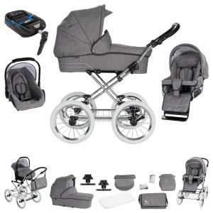 Friedrich Hugo München   4 in 1 Kinderwagen Komplettset   ISOFIX Basis   Nostalgie Kinderwagen   Farbe: Anthrazit - Rad: Chrom Weiß