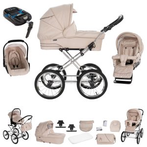 Friedrich Hugo München   4 in 1 Kinderwagen Komplettset   ISOFIX Basis   Nostalgie Kinderwagen   Farbe: Sand - Rad: Chrom Schwarz