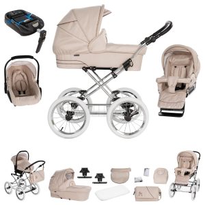 Friedrich Hugo München   4 in 1 Kinderwagen Komplettset   ISOFIX Basis   Nostalgie Kinderwagen   Farbe: Sand - Rad: Chrom Weiß