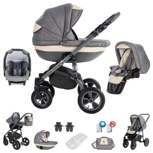 Friedrich Hugo Greyline   3 in 1 Kombi Kinderwagen Set   Luftreifen   Farbe: Cream