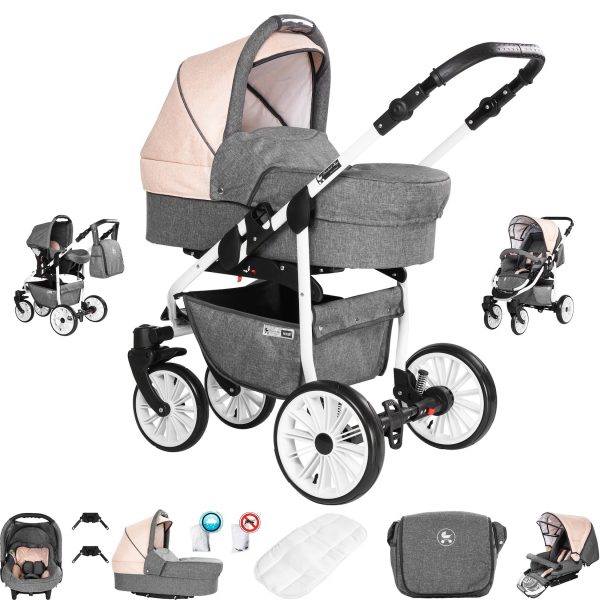 Friedrich Hugo Berlin   3 in 1 Kombi Kinderwagen Set   Luftreifen   Farbe: Grey and Beige Day