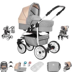 Friedrich Hugo Berlin   3 in 1 Kombi Kinderwagen Set   Luftreifen   Farbe: Light Grey and Beige Day