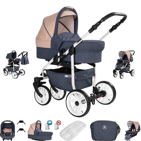 Friedrich Hugo Berlin   3 in 1 Kombi Kinderwagen Set   Luftreifen   Farbe: Dark Blue and Beige Day