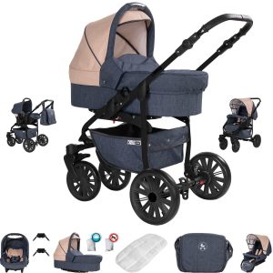 Friedrich Hugo Berlin   3 in 1 Kombi Kinderwagen Set   Luftreifen   Farbe: Dark Blue and Beige Night