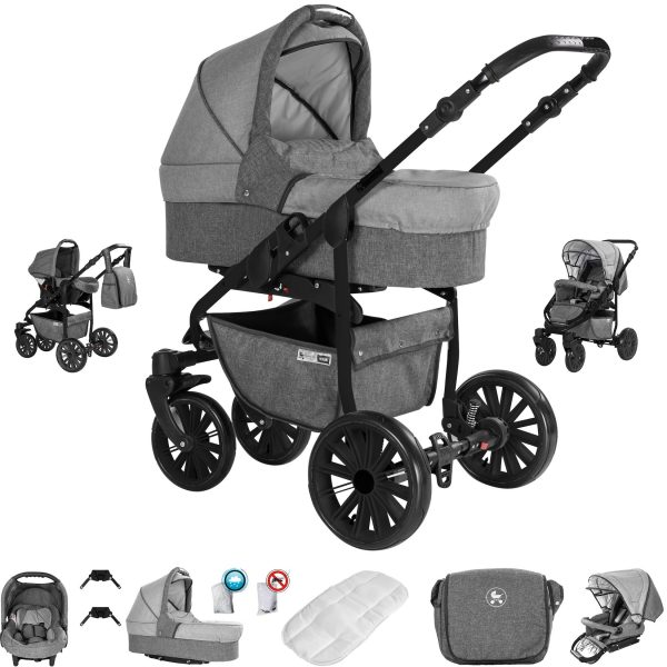 Friedrich Hugo Berlin   3 in 1 Kombi Kinderwagen Set   Luftreifen   Farbe: Grey and Light Grey Night