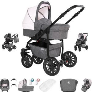 Friedrich Hugo Berlin   3 in 1 Kombi Kinderwagen Set   Luftreifen   Farbe: Grey and Light Rose Night