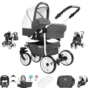 Friedrich Hugo Berlin   3 in 1 Kombi Kinderwagen Set   Luftreifen   Farbe: Dark Grey and White Day