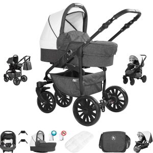 Friedrich Hugo Berlin   3 in 1 Kombi Kinderwagen Set   Luftreifen   Farbe: Dark Grey and White Night