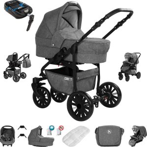 Friedrich Hugo Berlin   4 in 1 Kinderwagen Komplettset   ISOFIX Basis   Luftreifen   Farbe: Grey and Grey Night