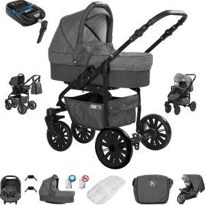 Friedrich Hugo Berlin   4 in 1 Kinderwagen Komplettset   ISOFIX Basis   Luftreifen   Farbe: Dark Grey and Grey Night