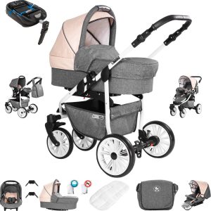 Friedrich Hugo Berlin   4 in 1 Kinderwagen Komplettset   ISOFIX Basis   Luftreifen   Farbe: Grey and Beige Day