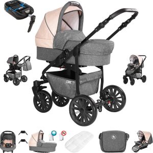 Friedrich Hugo Berlin   4 in 1 Kinderwagen Komplettset   ISOFIX Basis   Luftreifen   Farbe: Grey and Beige Night