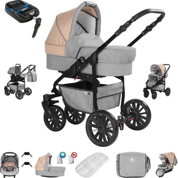 Friedrich Hugo Berlin   4 in 1 Kinderwagen Komplettset   ISOFIX Basis   Luftreifen   Farbe: Light Grey and Beige Night