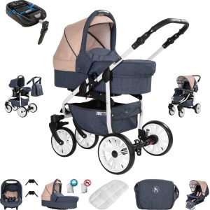 Friedrich Hugo Berlin   4 in 1 Kinderwagen Komplettset   ISOFIX Basis   Luftreifen   Farbe: Dark Blue and Beige Day