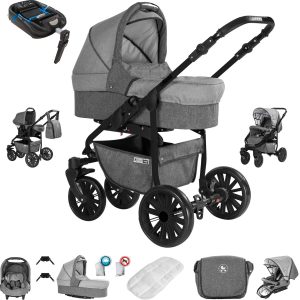 Friedrich Hugo Berlin   4 in 1 Kinderwagen Komplettset   ISOFIX Basis   Luftreifen   Farbe: Grey and Light Grey Night