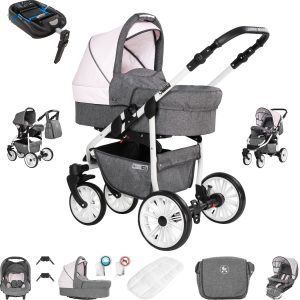 Friedrich Hugo Berlin   4 in 1 Kinderwagen Komplettset   ISOFIX Basis   Luftreifen   Farbe: Grey and Light Rose Day