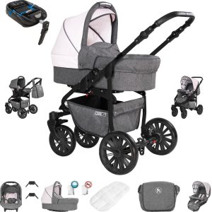 Friedrich Hugo Berlin   4 in 1 Kinderwagen Komplettset   ISOFIX Basis   Luftreifen   Farbe: Grey and Light Rose Night