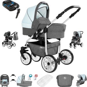 Friedrich Hugo Berlin   4 in 1 Kinderwagen Komplettset   ISOFIX Basis   Luftreifen   Farbe: Grey and Light Blue Day