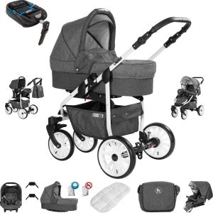 Friedrich Hugo Berlin   4 in 1 Kinderwagen Komplettset   ISOFIX Basis   GEL Reifen   Farbe: Dark Grey and Grey Day