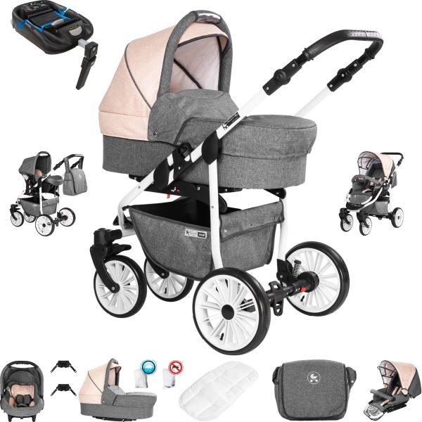 Friedrich Hugo Berlin   4 in 1 Kinderwagen Komplettset   ISOFIX Basis   GEL Reifen   Farbe: Grey and Beige Day