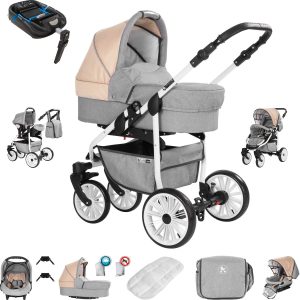 Friedrich Hugo Berlin   4 in 1 Kinderwagen Komplettset   ISOFIX Basis   GEL Reifen   Farbe: Light Grey and Beige Day