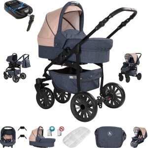 Friedrich Hugo Berlin   4 in 1 Kinderwagen Komplettset   ISOFIX Basis   GEL Reifen   Farbe: Dark Blue and Beige Night