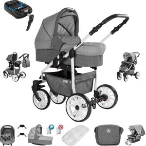 Friedrich Hugo Berlin   4 in 1 Kinderwagen Komplettset   ISOFIX Basis   GEL Reifen   Farbe: Grey and Light Grey Day