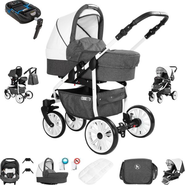 Friedrich Hugo Berlin   4 in 1 Kinderwagen Komplettset   ISOFIX Basis   GEL Reifen   Farbe: Dark Grey and White Day