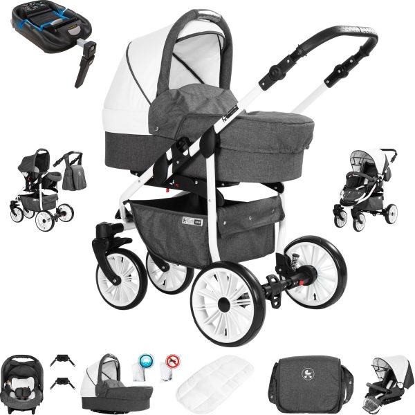 Friedrich Hugo Berlin   4 in 1 Kinderwagen Komplettset   ISOFIX Basis   GEL Reifen   Farbe: Dark Grey and White Day