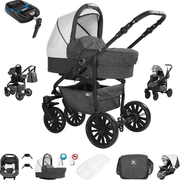 Friedrich Hugo Berlin   4 in 1 Kinderwagen Komplettset   ISOFIX Basis   GEL Reifen   Farbe: Dark Grey and White Night